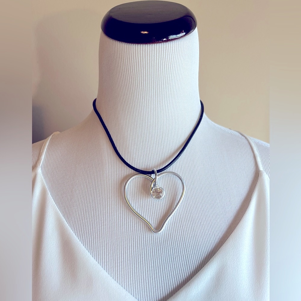 Jeff Leib giant silver heart cubic zirconia on leather rope